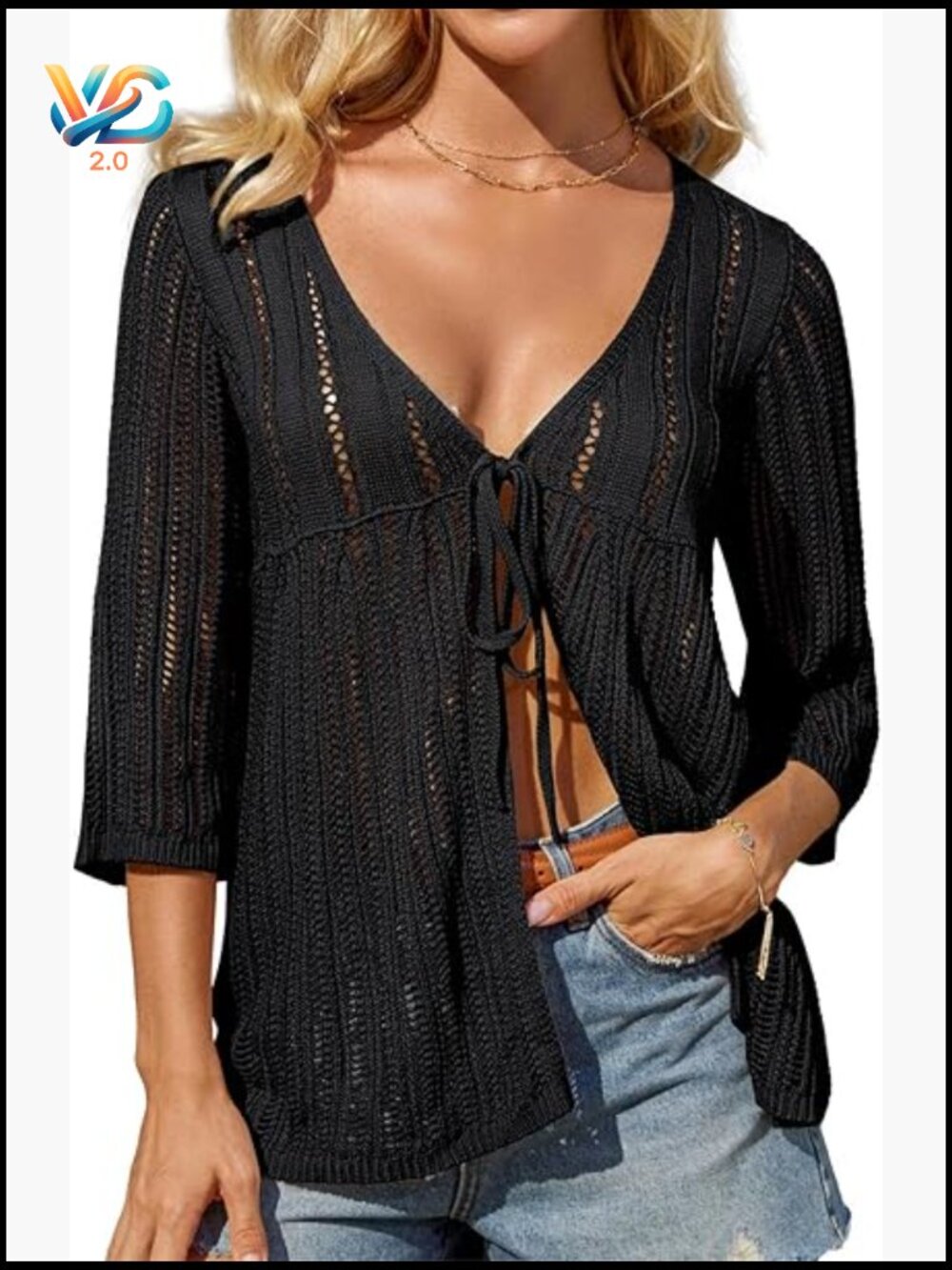 Women's Lightweight Crochet Cardigan Tie Front 3/4 Sleeve Summer Sweater Beach